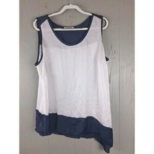 Vintage Silk Navy Blue & White Shirt Womens LARGE Asymmetrical Sleeveless Breezy